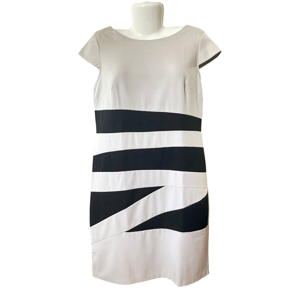 Alyx Women's Tan w/ Black Taylored Bandage Cap Slv Back Zip Pencil Dress Size 14